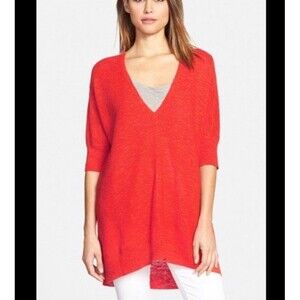 Eileen‎ Fisher Tunic Women Deep Coral V-Neck Lightweight Sweater Sheer Knit Top​